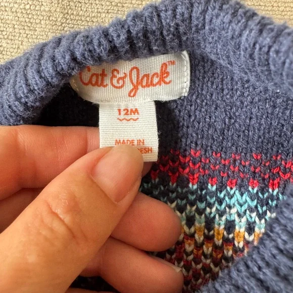 Cat & Jack Baby Boy Fair Isle Sweater 12M Navy Cream Red Winter Knit Pullover - Picture 3 of 6